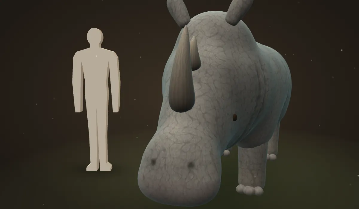 A 3D white rhino standing next to the silhouette of a 1.75 m adult, whose head is level with the rhino's shoulder.