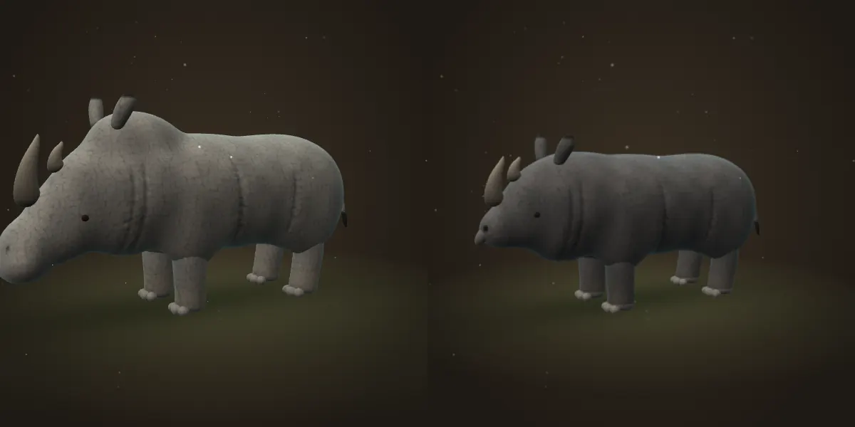 Two 3D rhinos side by side: a large pale grey white rhino with a broad square lip and a neck hump on the left, and a smaller dark grey black rhino with a pointed lip on the right.