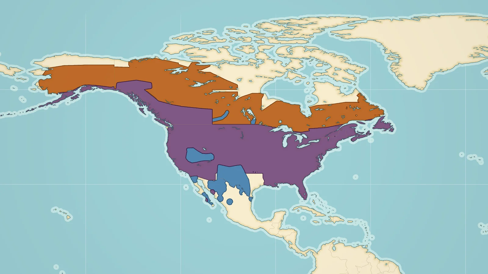 Globe showing where bald eagles live: Alaska, Canada, the United States and northern Mexico, with the year-round, summer breeding and winter ranges in different colours