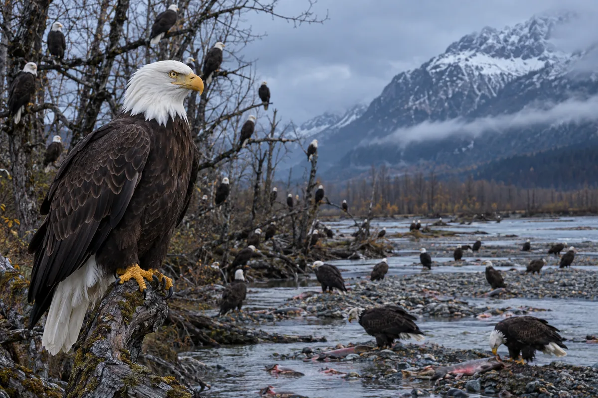 Bald eagle standing on a gravel bar in a salmon river in Alaska with snowy mountains behind