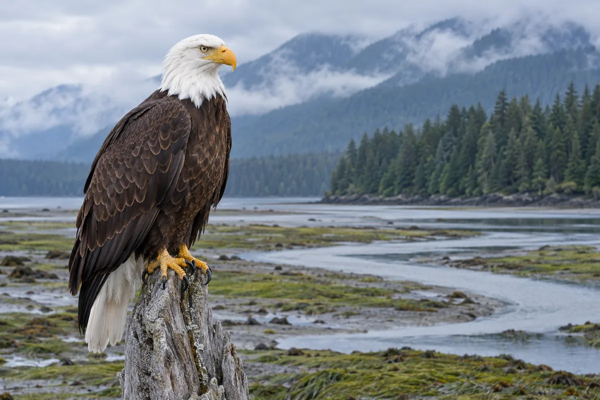 Adult bald eagle perched on a driftwood snag above a rocky ocean shore with forested islands in the distance