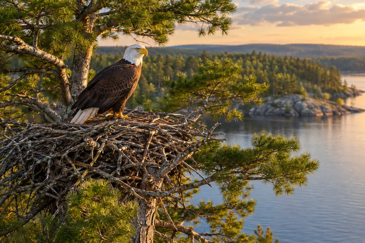Bald eagle flying low over a calm forest lake with tall pines along the shoreline