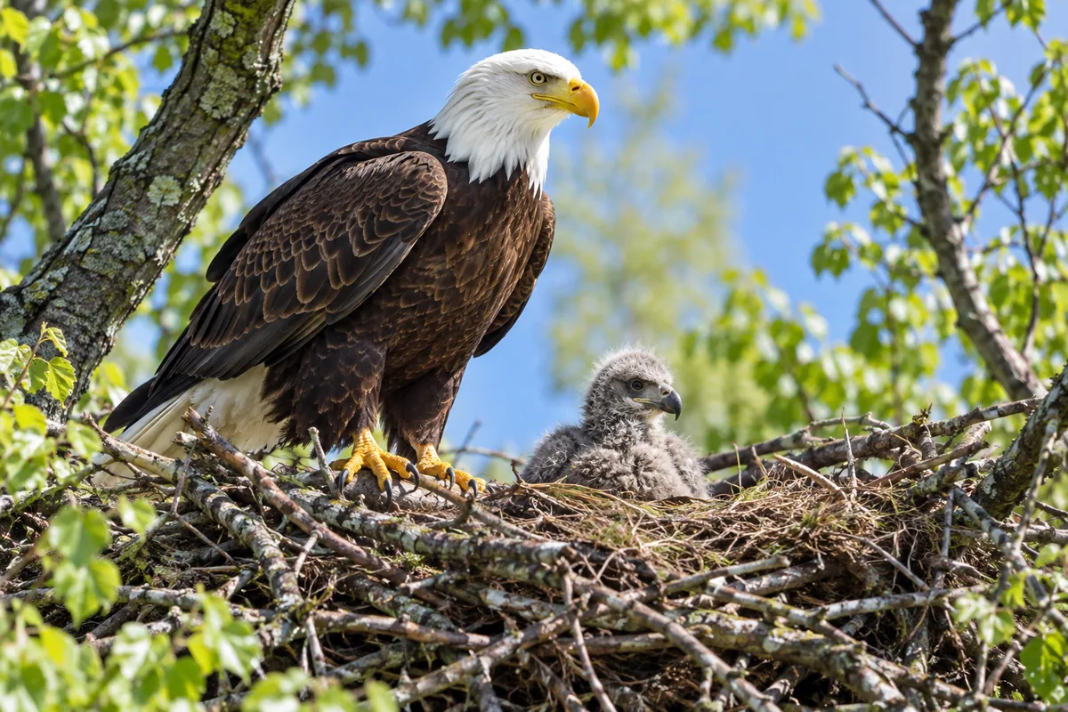 Bald eagle pair at a large stick nest in the top of a tall pine tree beside a lake