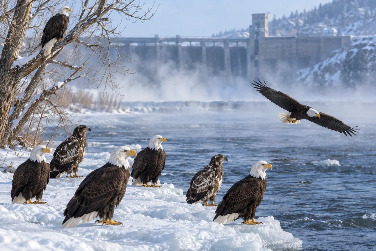 Several bald eagles perched in bare trees above an ice-free stretch of river in a snowy winter landscape