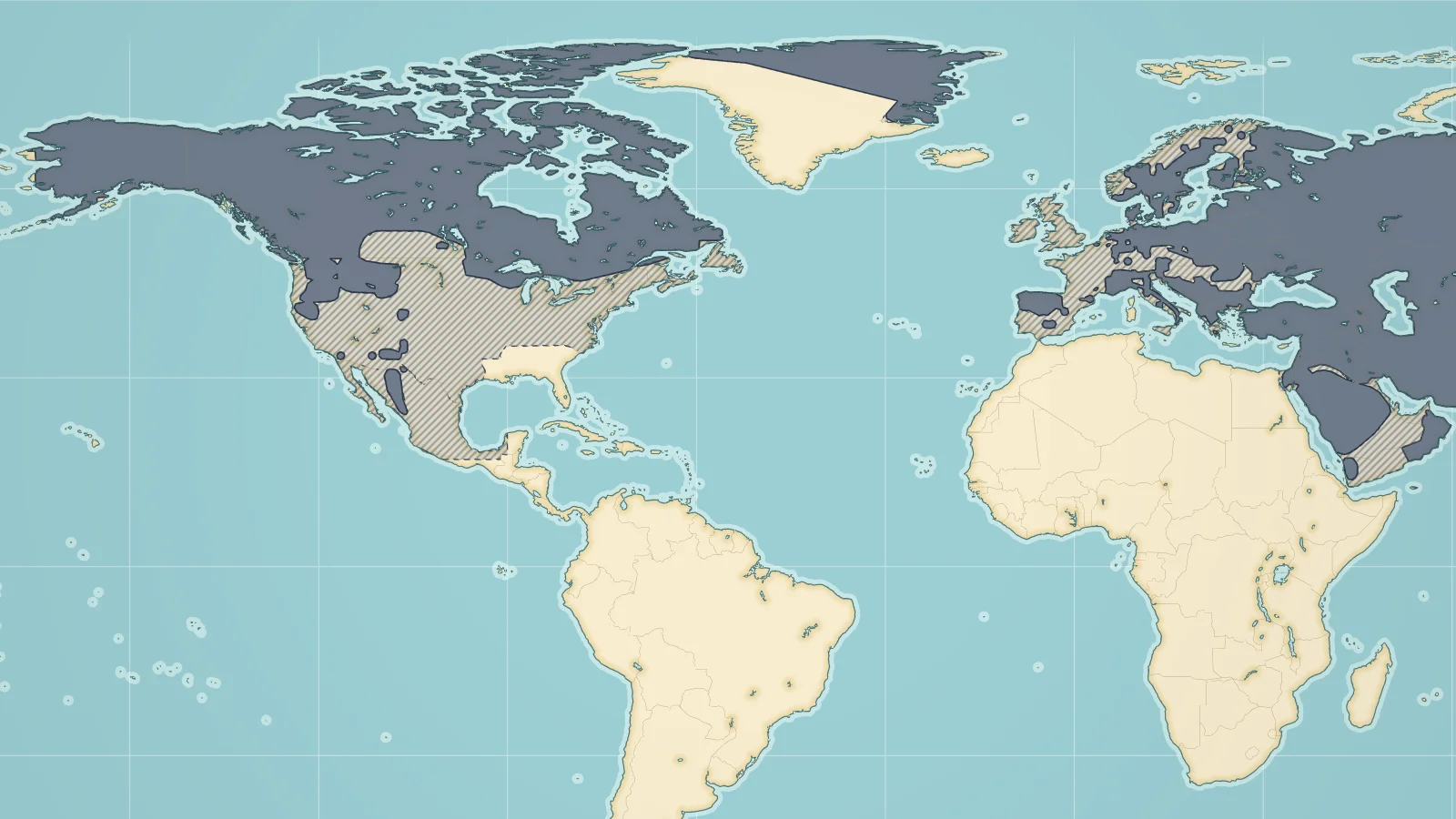 Globe showing where gray wolves live in the wild: Canada, Alaska, the northern United States, Europe, Russia and Asia