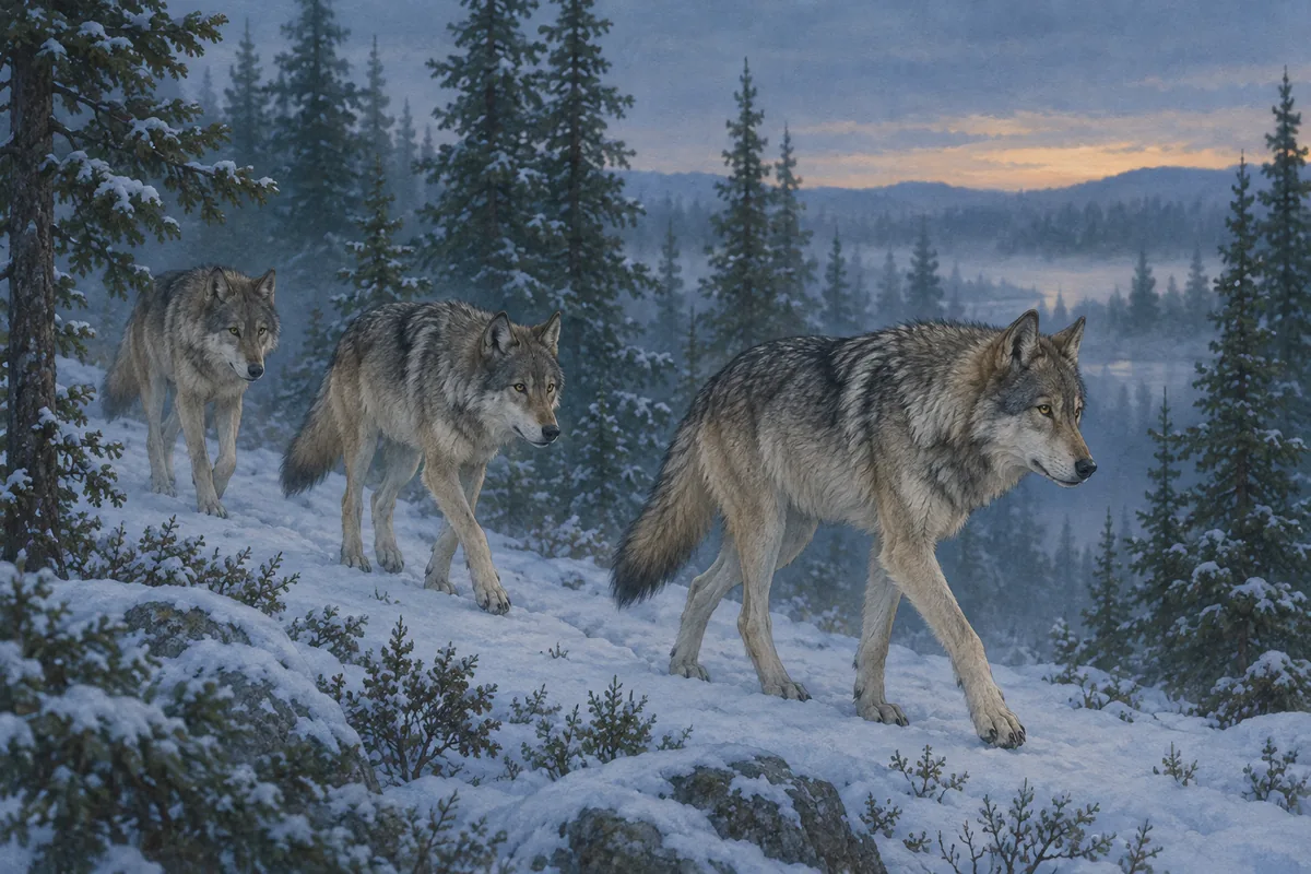 Gray wolf pack moving through snowy boreal forest of spruce and pine in Canada