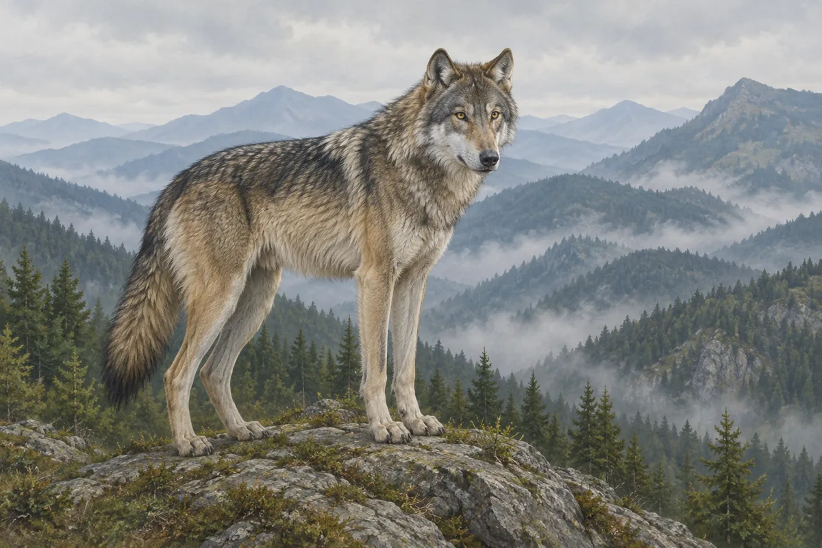 Gray wolf on a rocky ridge above a mountain forest in the Carpathians