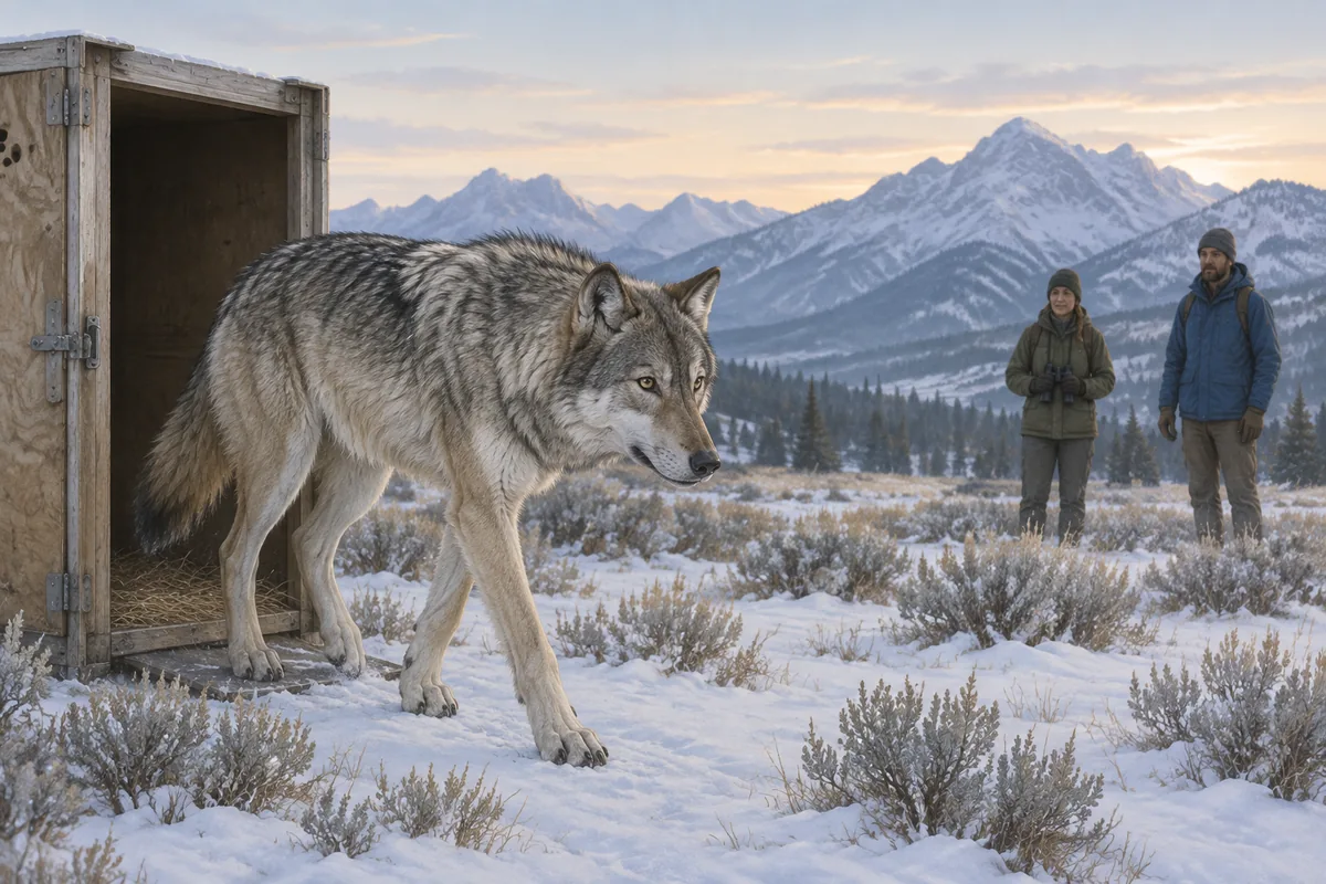 Gray wolf stepping out of a transport crate onto a snowy mountain meadow while two wildlife biologists watch from a distance