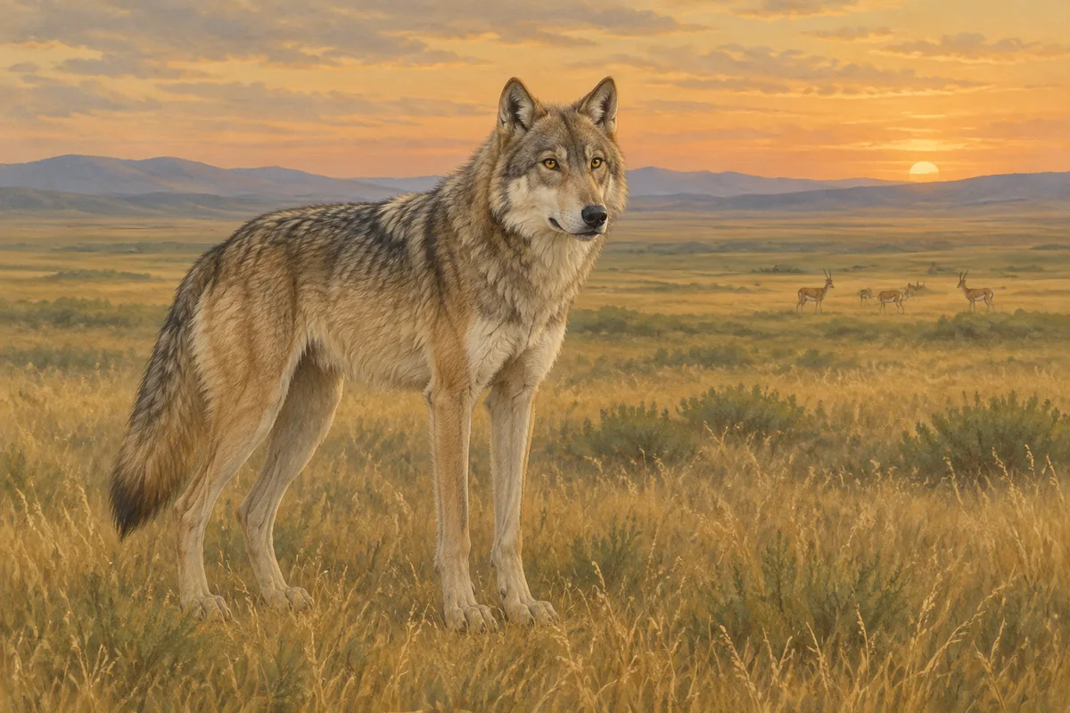 Gray wolf standing in tall dry grass on an open Mongolian steppe at dusk