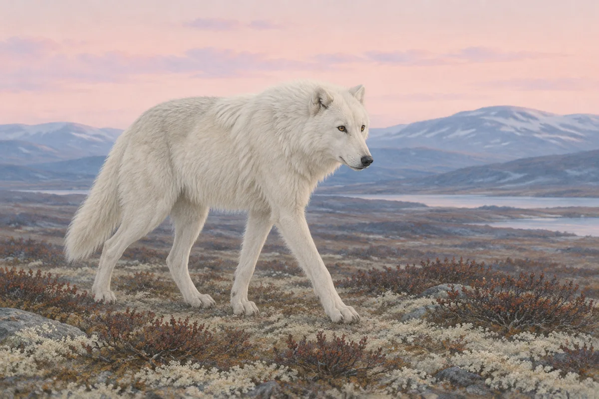 White Arctic wolf walking across open tundra under a pale sky in northern Canada
