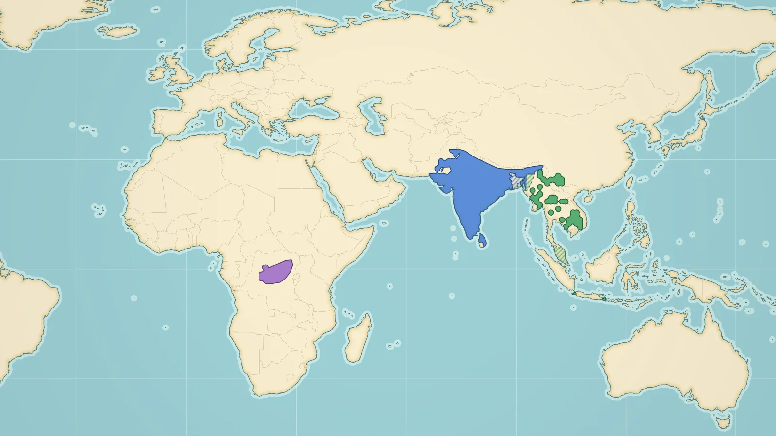 Globe showing where peacocks live in the wild: South Asia, Southeast Asia and central Africa