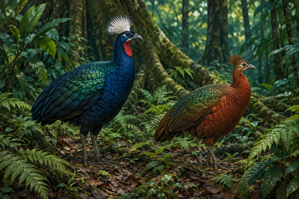 Pair of Congo peafowl on the floor of a Congo Basin rainforest, the male dark blue-green and the female chestnut