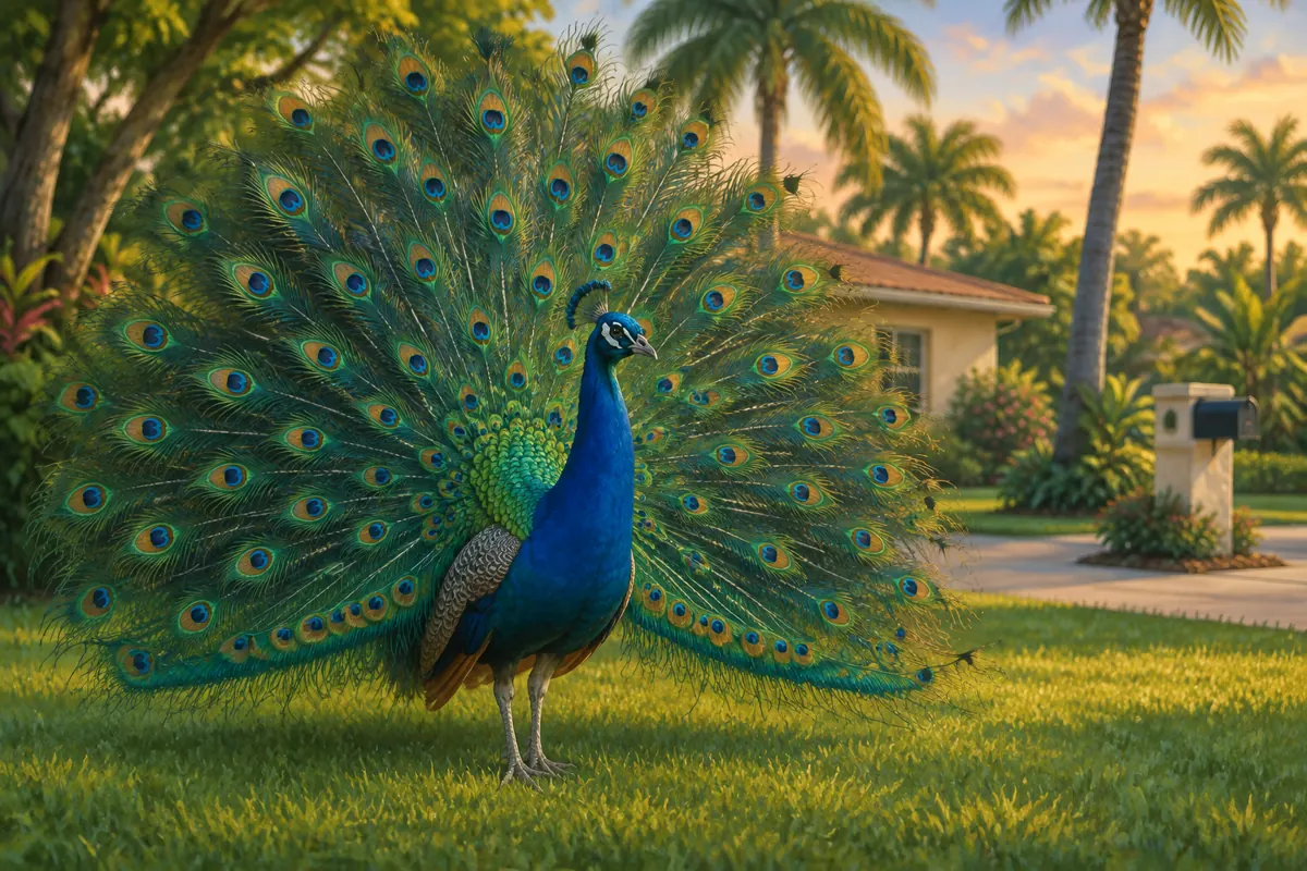 Male Indian peafowl displaying its train on a suburban lawn in South Florida