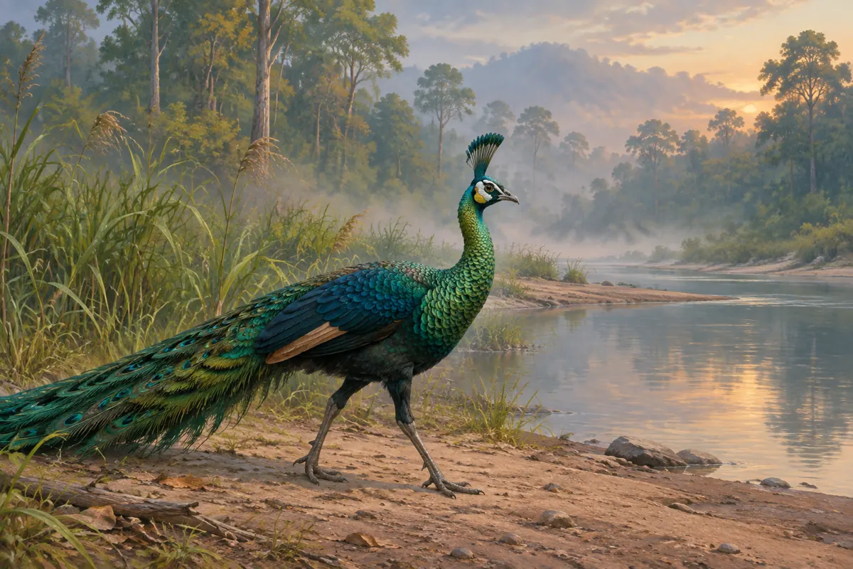 Male green peafowl with an upright crest walking along a river sandbar in Southeast Asian forest
