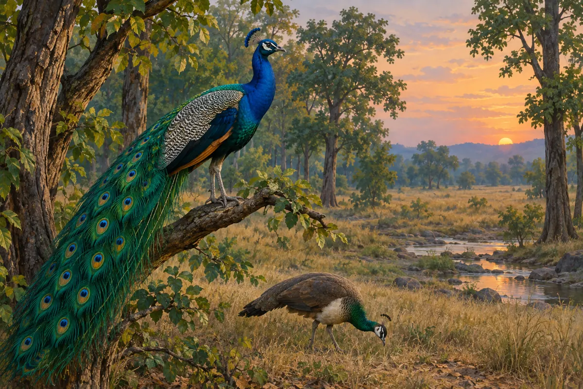 Male Indian peafowl perched at the edge of a dry deciduous forest in India, with a peahen foraging below