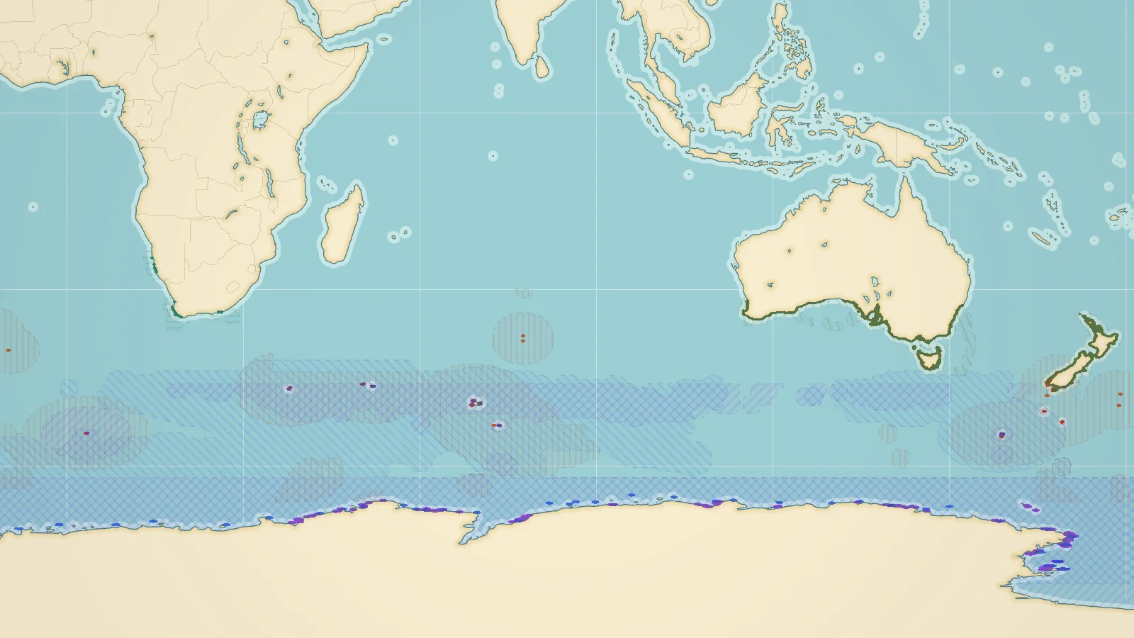 Globe showing where wild penguins live: Antarctica, the sub-Antarctic islands and the southern coasts of South America, Africa, Australia and New Zealand