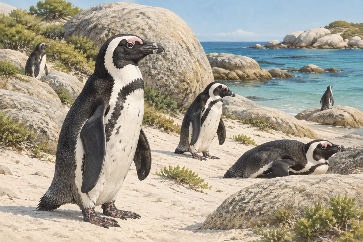 African penguins with black chest bands and pink eye patches rest among rounded granite boulders on a white sand beach at Boulders Beach, South Africa.