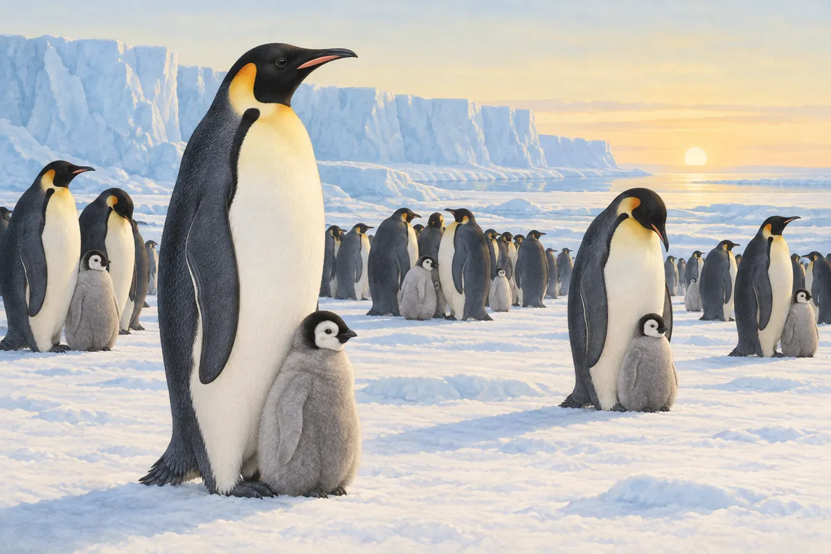 Emperor penguins with orange-yellow ear patches stand on flat Antarctic sea ice with grey downy chicks at their feet, with pale blue ice cliffs and a low sun behind.