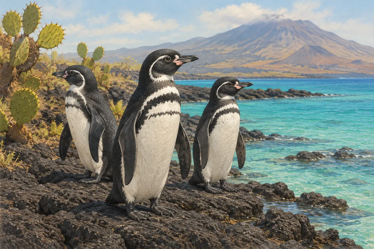 Three Galapagos penguins stand on black volcanic lava at the water's edge on Isabela, with prickly pear cacti, turquoise water and a volcano behind.