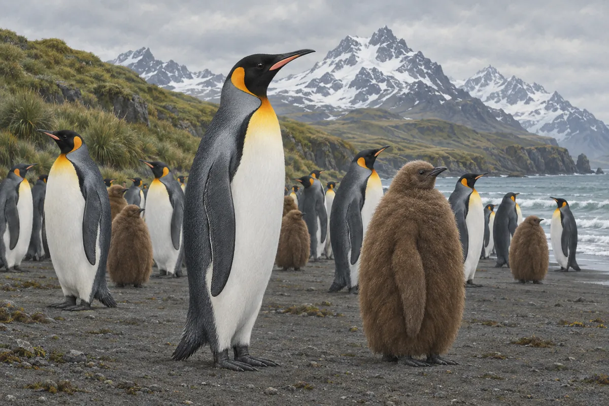 King penguins and brown woolly chicks stand on a dark sand beach on South Georgia, with tussock-covered slopes and snow-capped mountains behind.