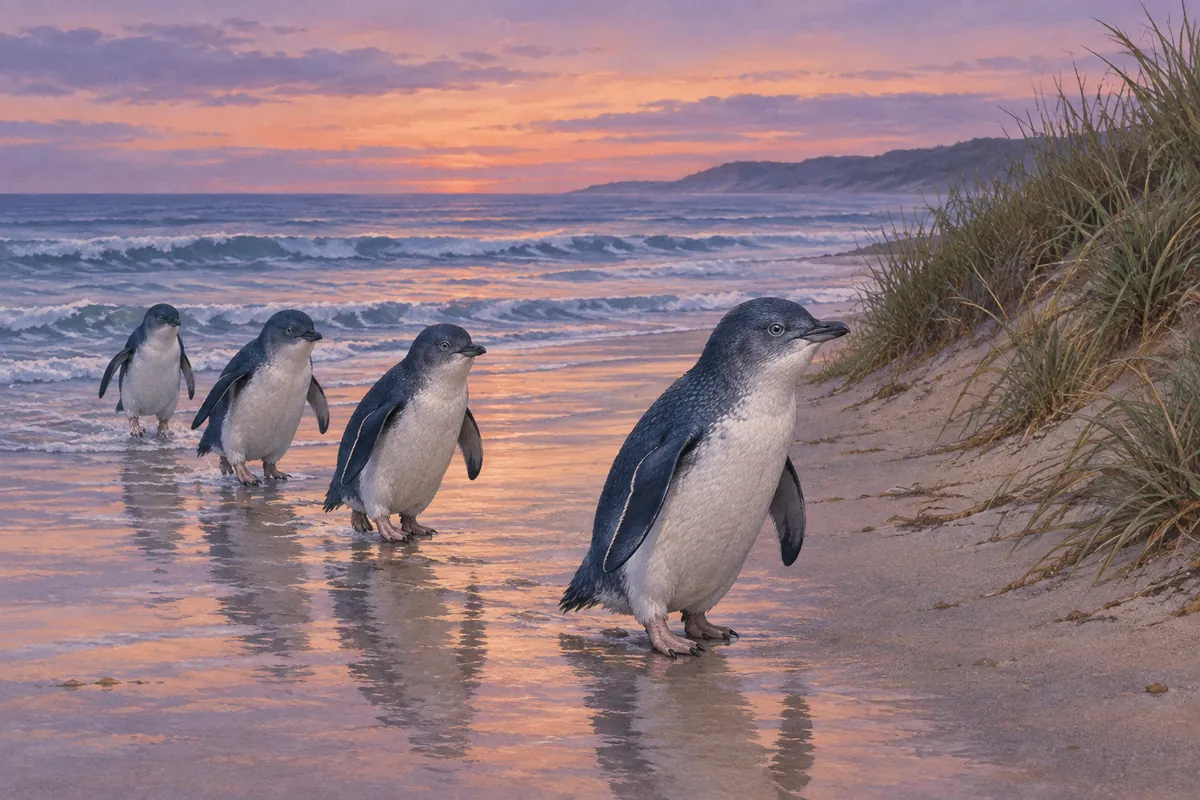 Little penguins with blue-grey backs walk up a sandy beach from the sea at dusk, toward dune grass under a purple and peach sky.