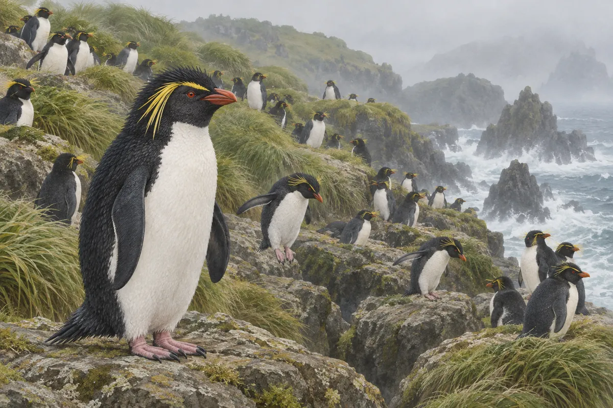 A colony of southern rockhopper penguins with yellow eyebrow plumes crowds on tussock-topped rocky cliffs above crashing surf on a sub-Antarctic island.
