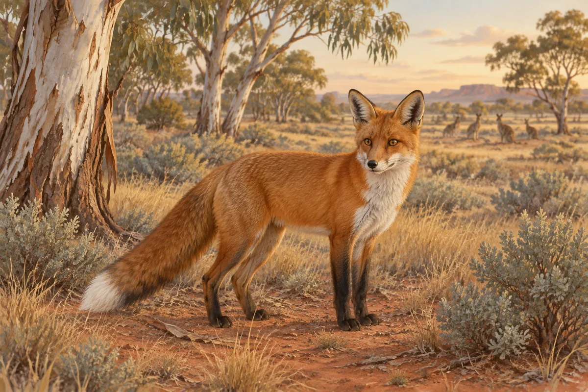 Red fox standing among gum trees and saltbush on red earth in the Australian outback