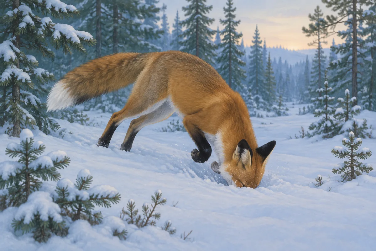 Red fox leaping head first into deep snow to catch a vole in a snowy boreal forest