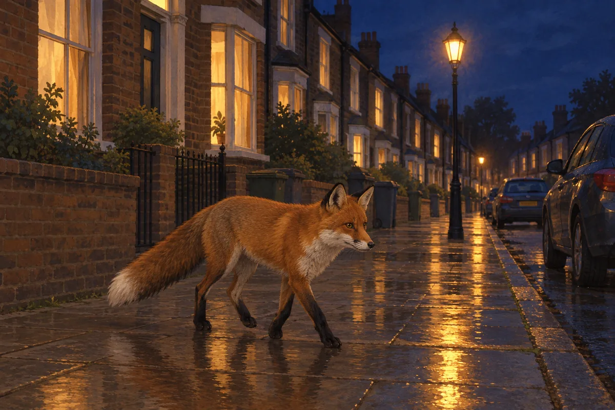 Red fox walking along a quiet terraced street at night under a street lamp