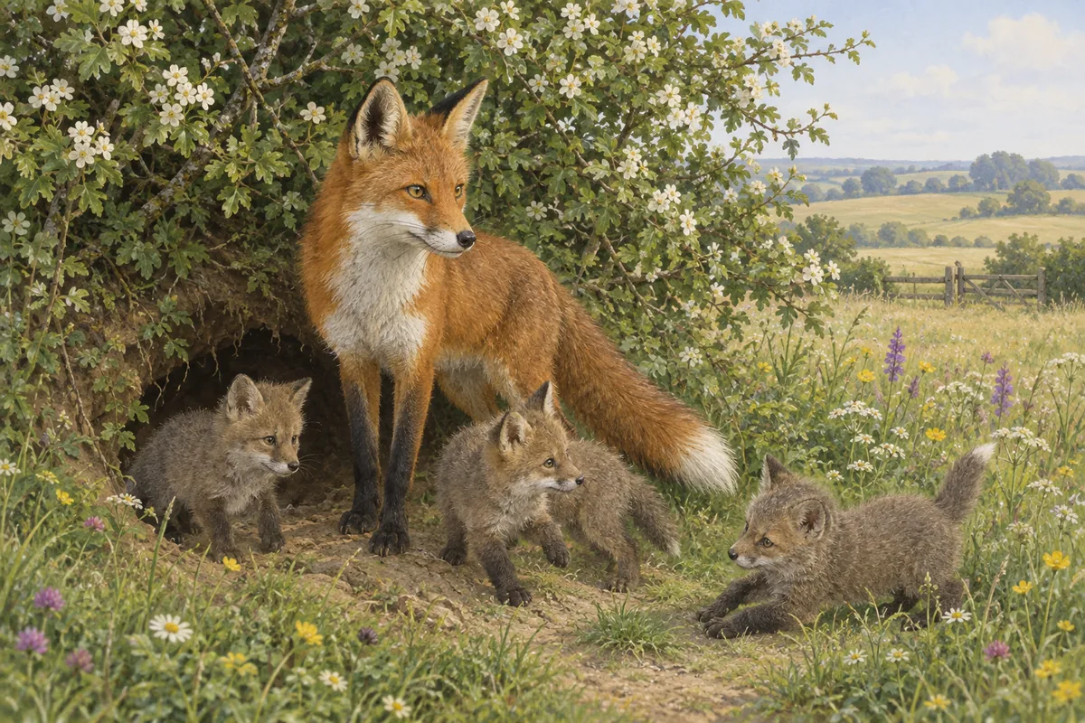 Red fox vixen with three kits at the entrance of a den in a grassy hedgerow beside a meadow