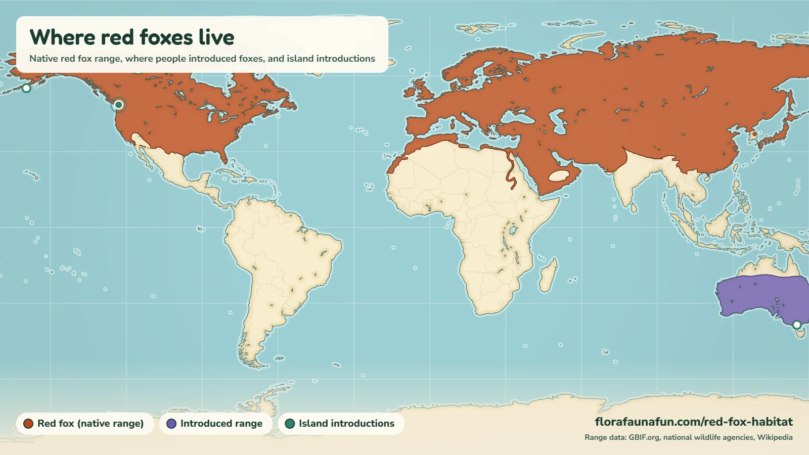 Red fox habitat map showing the native range of Vulpes vulpes across North America, Europe, Asia and North Africa, the introduced range in mainland Australia and island introduction pins