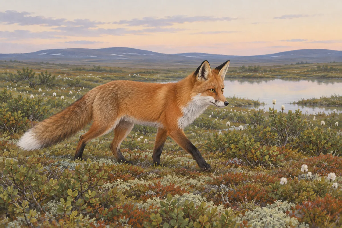 Red fox trotting across green Arctic tundra in summer with low hills in the background