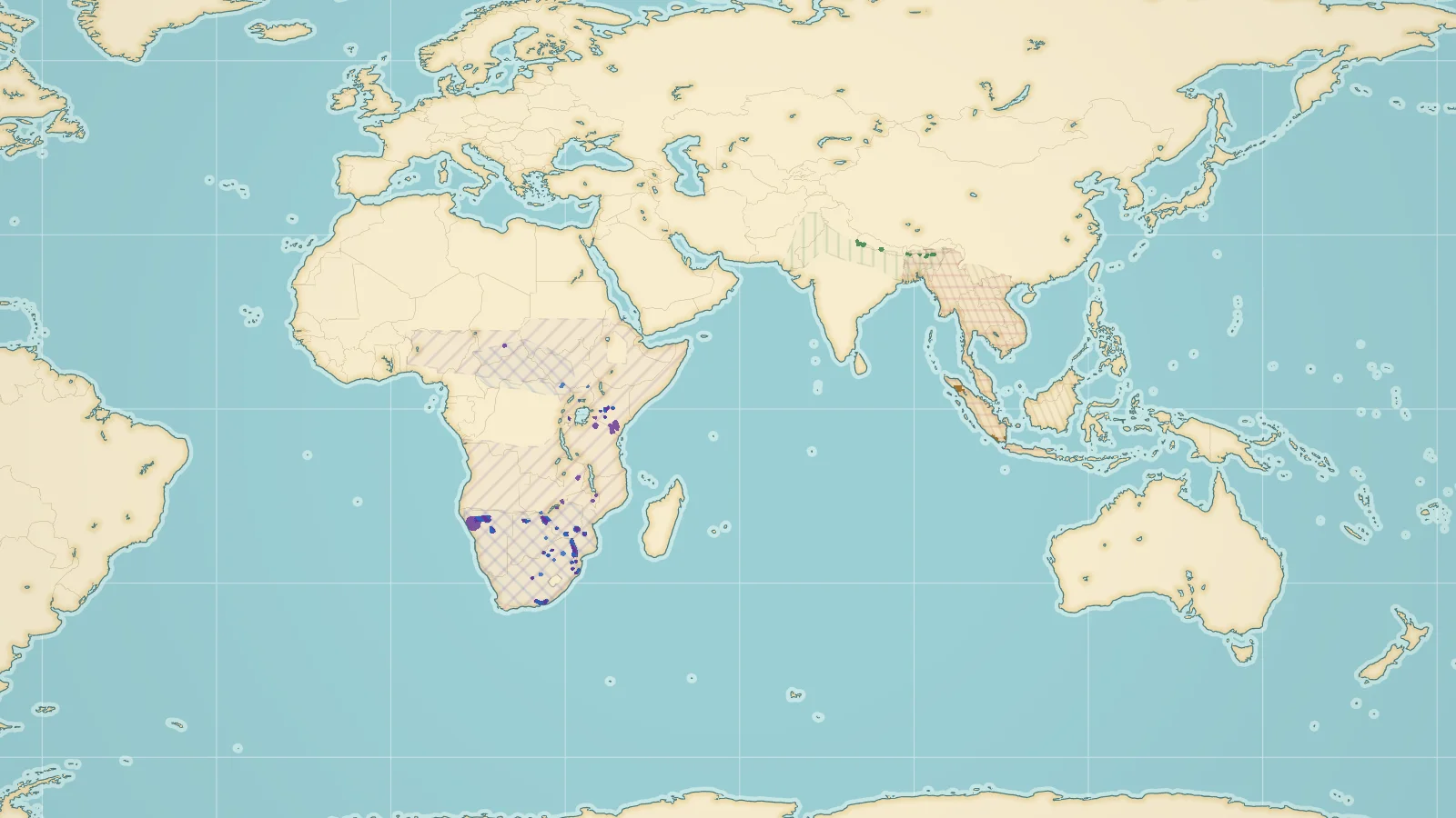 Globe showing where wild rhinos live: southern and eastern Africa, Nepal and India, and the Indonesian islands of Java and Sumatra