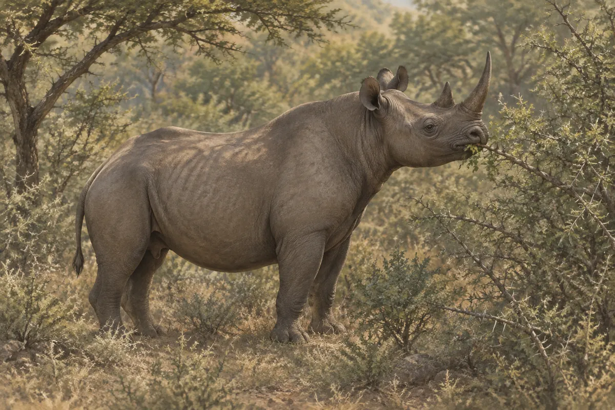 A black rhino reaching up with its pointed, hooked upper lip to browse a thorny bush in dry acacia thicket.