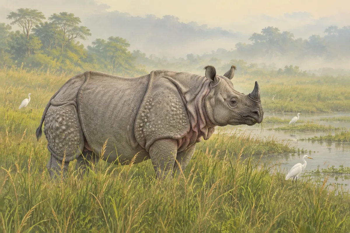 A greater one-horned rhino with armour-like skin folds standing in tall grass beside a misty wetland, with white egrets nearby.