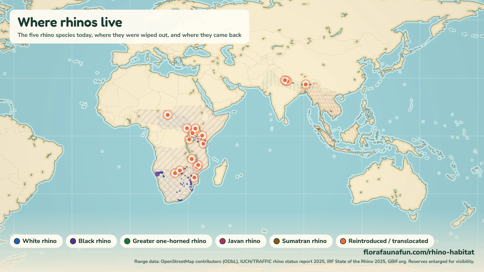 Rhino habitat map showing the current range of all five rhino species in Africa and Asia, the former range of each species and the parks where rhinos were reintroduced
