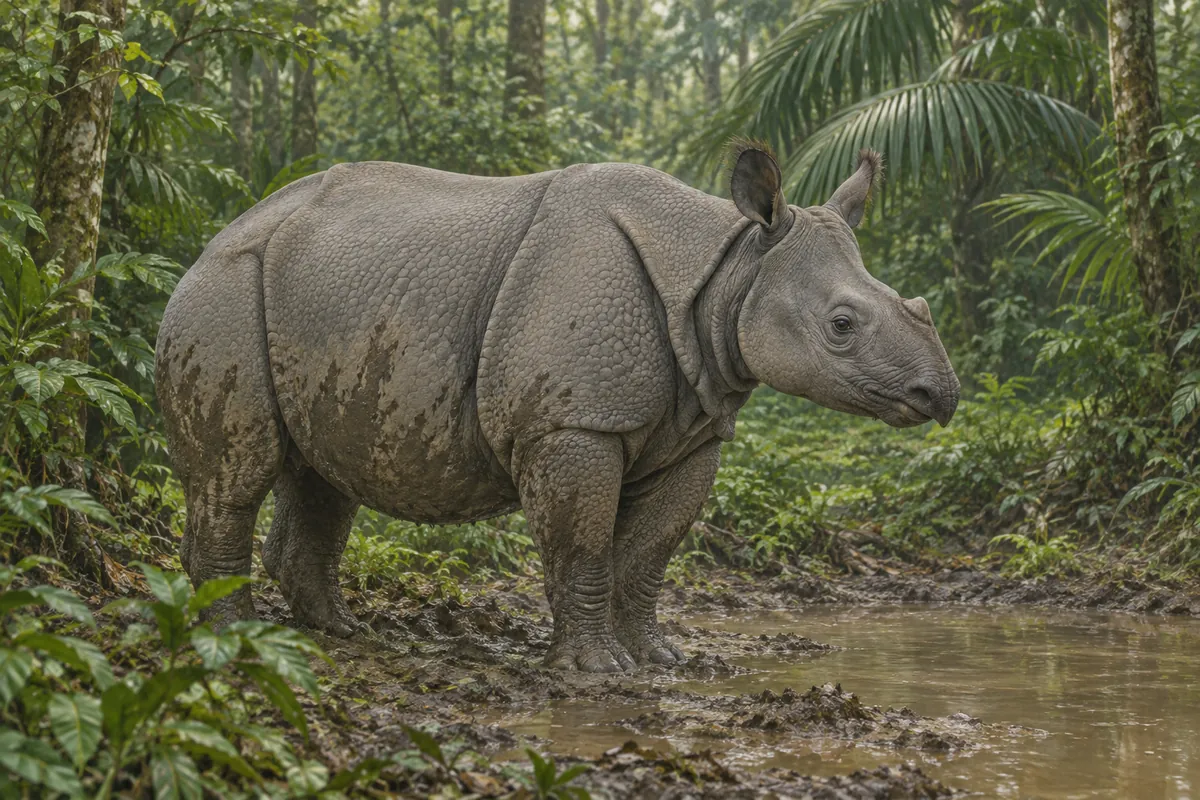 A Javan rhino with mud-streaked grey skin standing at a wallow in dense lowland rainforest.