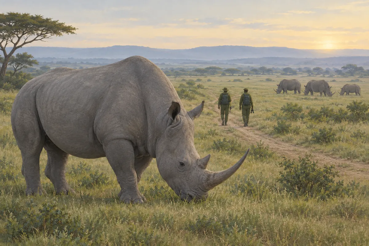 Two rangers on foot patrol along a dirt track, watching a group of white rhinos grazing on grassland ahead.