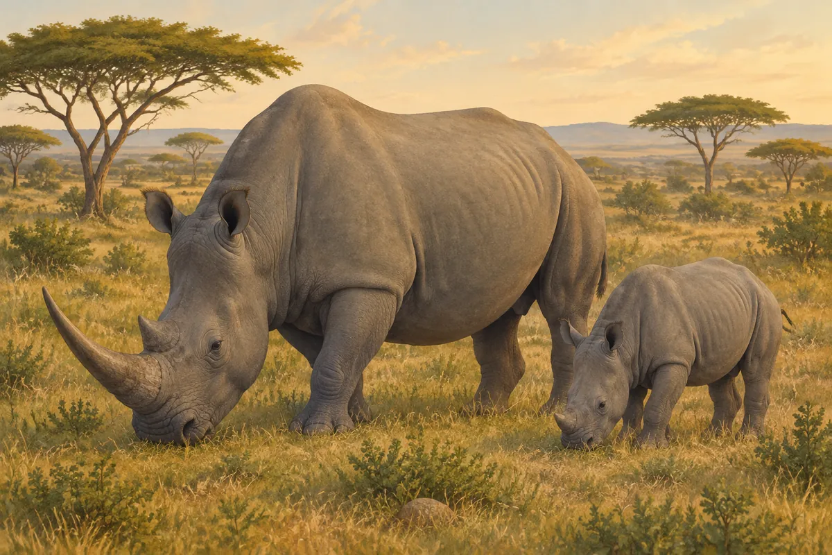 A southern white rhino cow and her calf grazing with their heads low on golden bushveld grassland, with flat-topped acacia trees behind them.