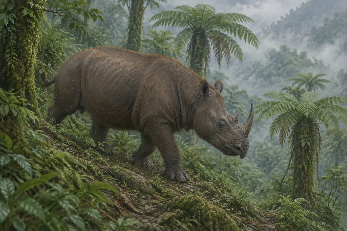 A Sumatran rhino with sparse reddish-brown bristles over dark wrinkled skin walking down a steep, mossy slope in misty montane rainforest with tree ferns.