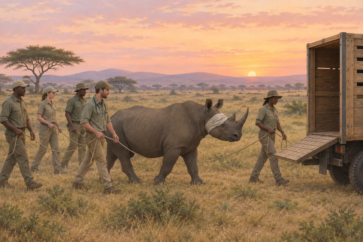 A blindfolded, sedated rhino being led by five rangers and vets on loose ropes toward a wooden transport crate on a truck at dawn.