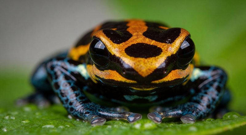 Detailed macro shot of a colorful poison dart frog on a leaf in the rainforest.