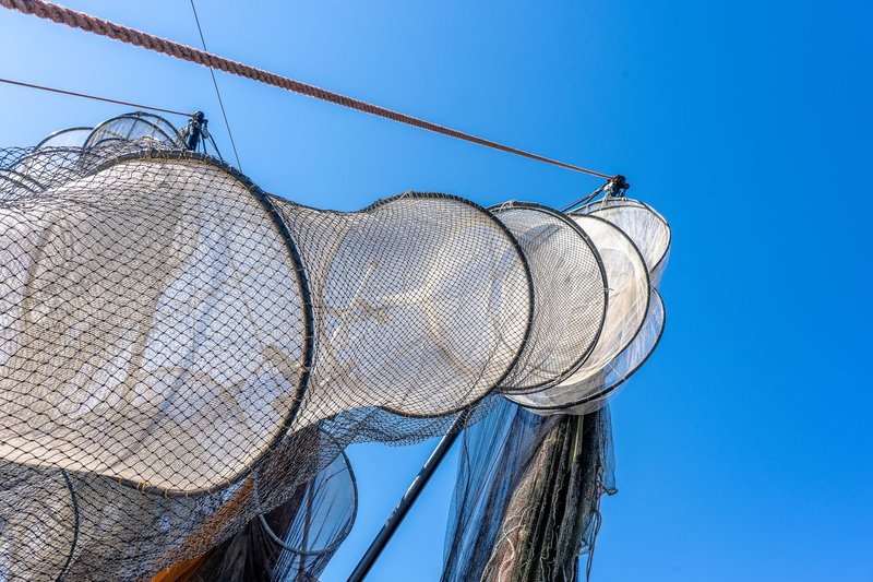 Close-up of fishing nets hanging against a clear blue sky on a sunny summer day.