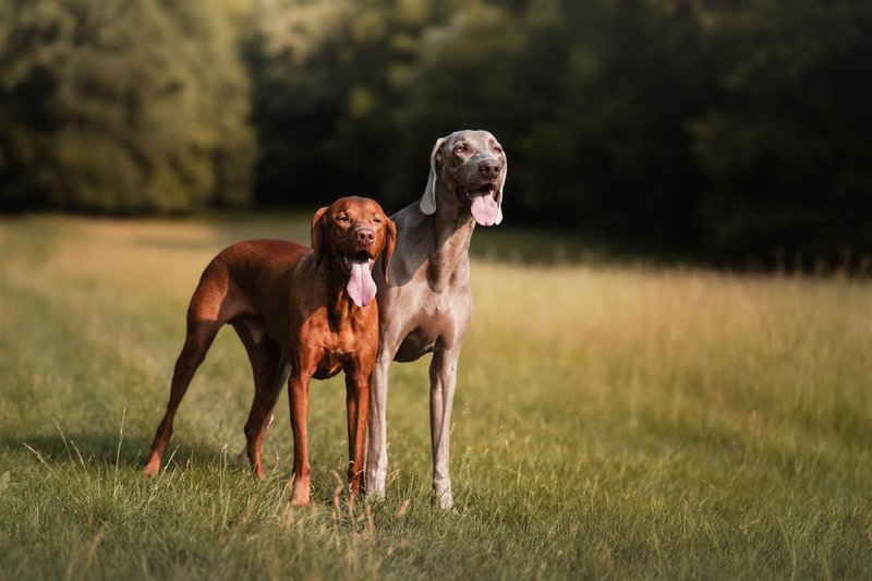 Two dogs standing on a sunny field, showcasing their joyful nature and playful spirit.