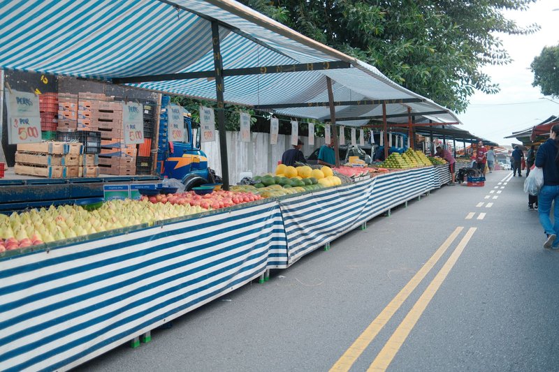 Explore a bustling outdoor fruit market with colorful produce stalls lining the street.