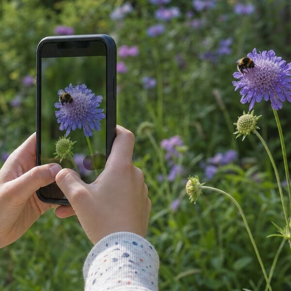 Child photographing a bumblebee on a scabious flower with a phone