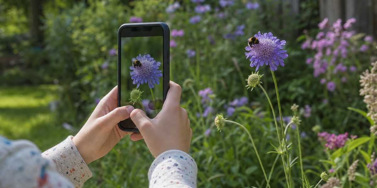 Child photographing a bumblebee on a scabious flower with a phone