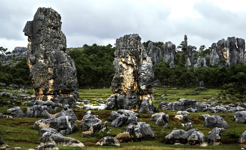 Dramatic limestone formations with lush greenery create a striking natural landscape.