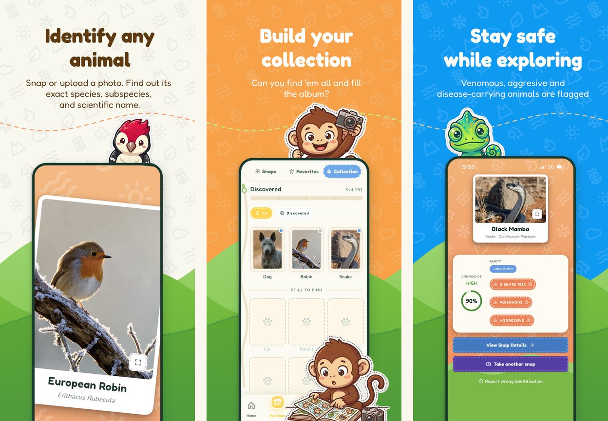 WunderWild app screens showing animal identification, the 151-species Collection, and safety tags for a black mamba