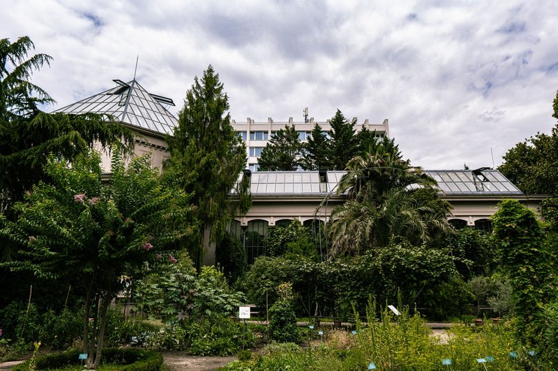A vibrant botanical garden in front of a greenhouse, set against a cloudy sky.